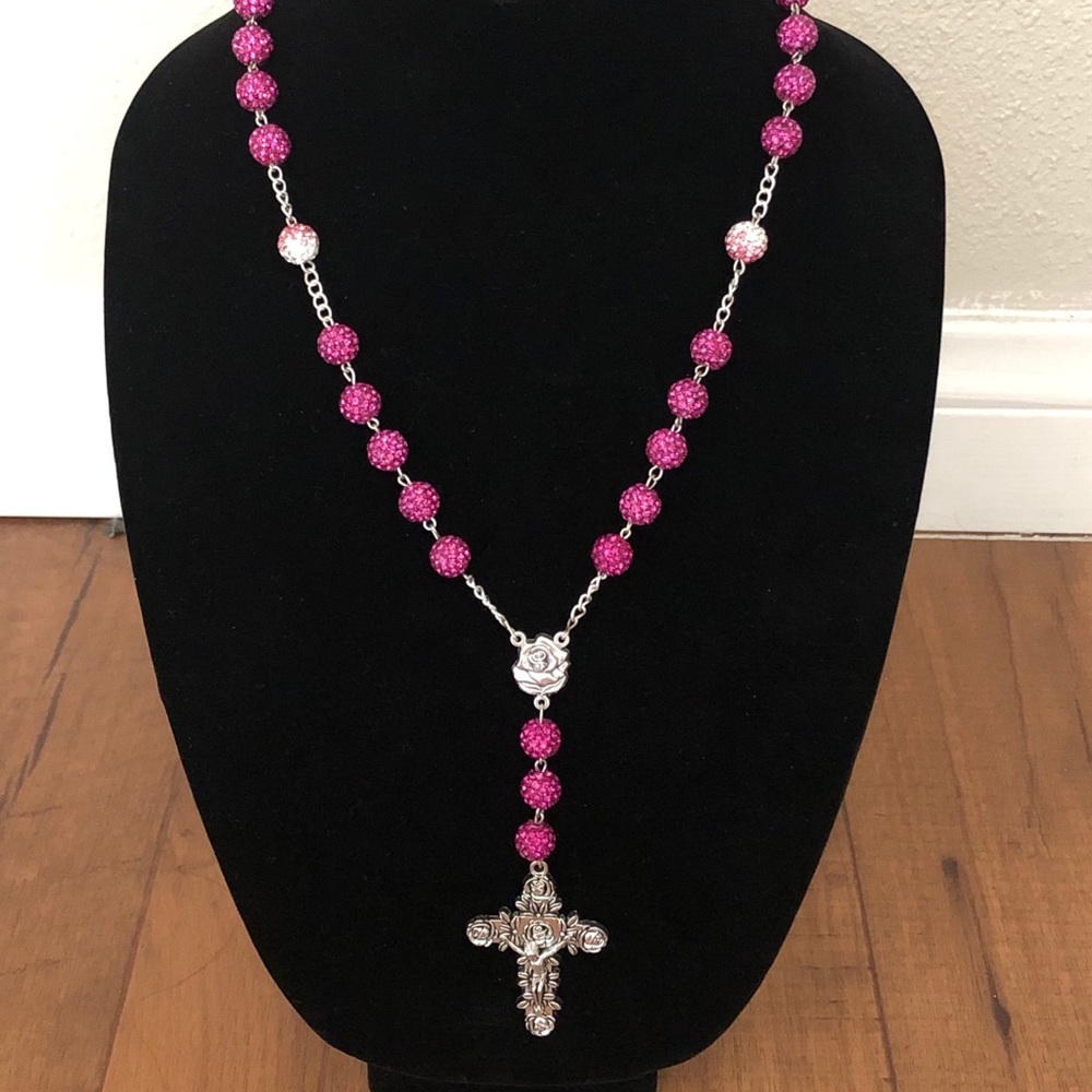 Catholic Rosary Hot Pink pave crystal beads